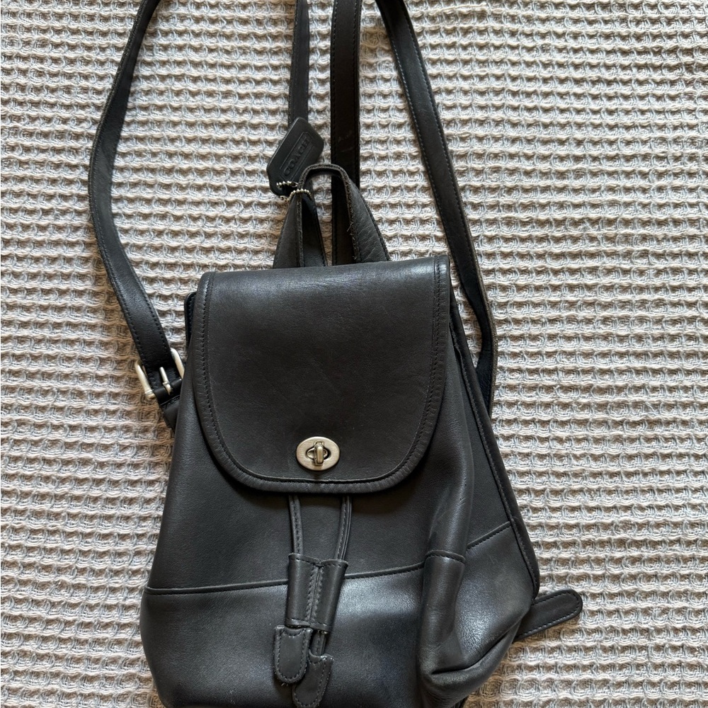 Coach Black Leather Backpack with Turnlock Closure